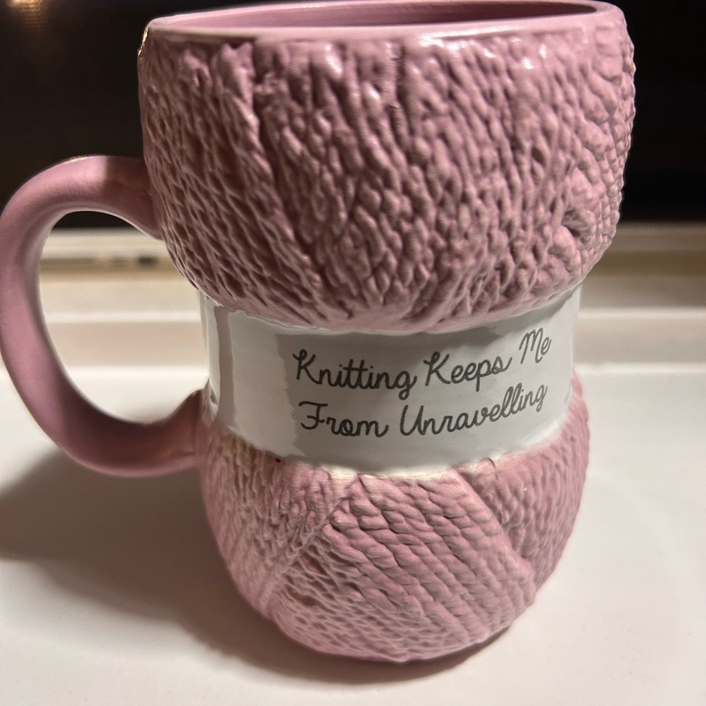 Knitting Keeps Me From Unravelling Pink Ceramic Yarn Mug
